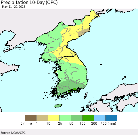 Korea Precipitation 10-Day (CPC) Thematic Map For 5/11/2025 - 5/20/2025