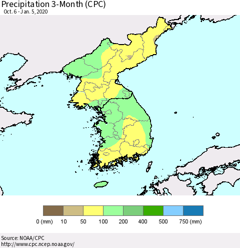 Korea Precipitation 3-Month (CPC) Thematic Map For 10/6/2019 - 1/5/2020