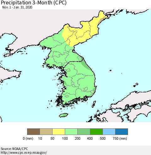 Korea Precipitation 3-Month (CPC) Thematic Map For 11/1/2019 - 1/31/2020
