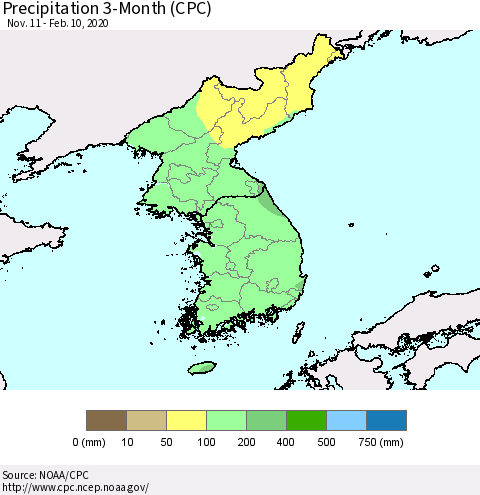 Korea Precipitation 3-Month (CPC) Thematic Map For 11/11/2019 - 2/10/2020