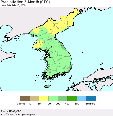 Korea Precipitation 3-Month (CPC) Thematic Map For 11/16/2019 - 2/15/2020