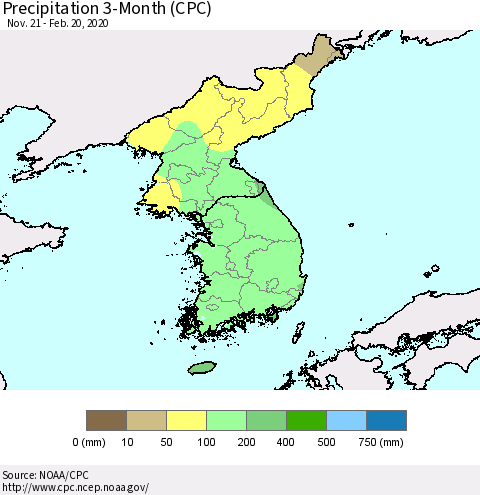 Korea Precipitation 3-Month (CPC) Thematic Map For 11/21/2019 - 2/20/2020