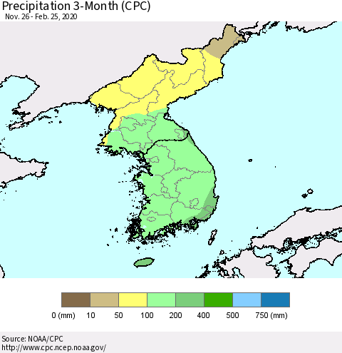 Korea Precipitation 3-Month (CPC) Thematic Map For 11/26/2019 - 2/25/2020