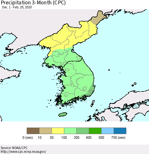 Korea Precipitation 3-Month (CPC) Thematic Map For 12/1/2019 - 2/29/2020