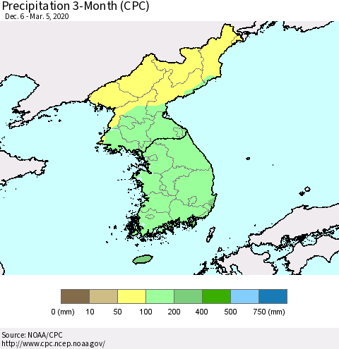 Korea Precipitation 3-Month (CPC) Thematic Map For 12/6/2019 - 3/5/2020