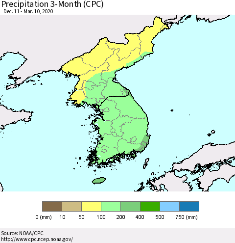 Korea Precipitation 3-Month (CPC) Thematic Map For 12/11/2019 - 3/10/2020