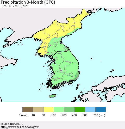Korea Precipitation 3-Month (CPC) Thematic Map For 12/16/2019 - 3/15/2020