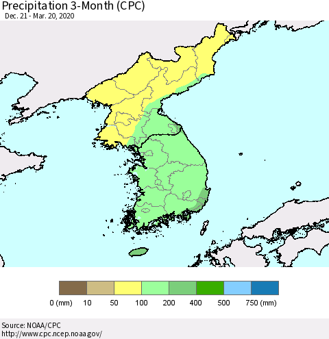 Korea Precipitation 3-Month (CPC) Thematic Map For 12/21/2019 - 3/20/2020