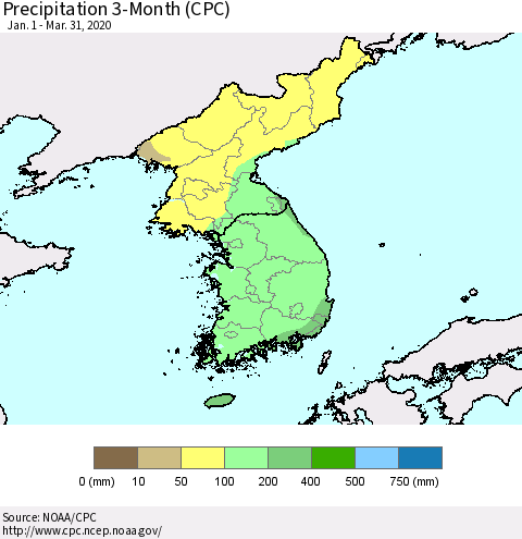 Korea Precipitation 3-Month (CPC) Thematic Map For 1/1/2020 - 3/31/2020