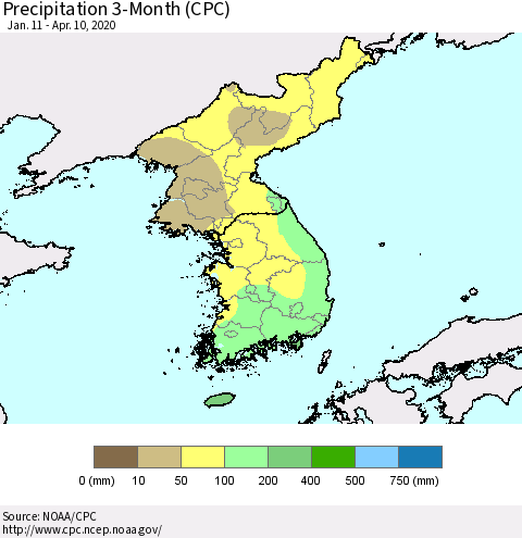 Korea Precipitation 3-Month (CPC) Thematic Map For 1/11/2020 - 4/10/2020