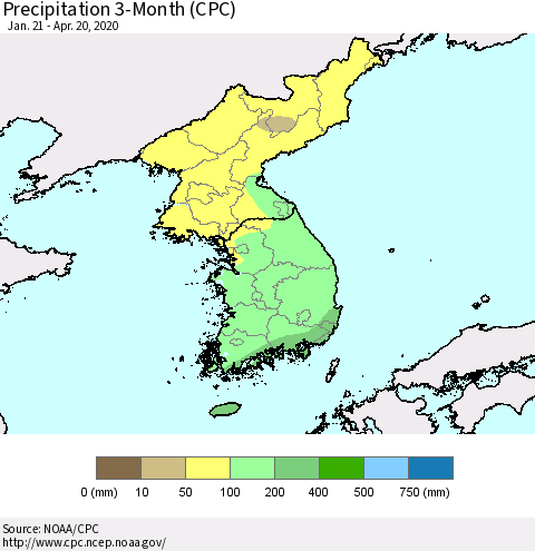 Korea Precipitation 3-Month (CPC) Thematic Map For 1/21/2020 - 4/20/2020