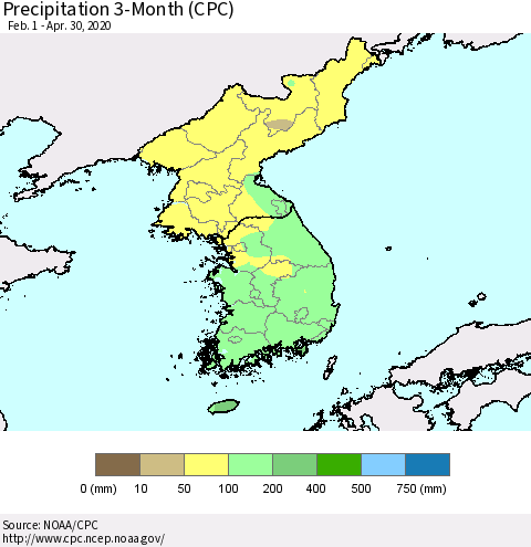 Korea Precipitation 3-Month (CPC) Thematic Map For 2/1/2020 - 4/30/2020