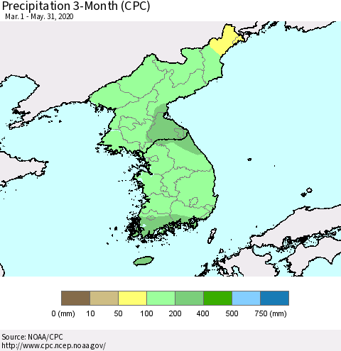 Korea Precipitation 3-Month (CPC) Thematic Map For 3/1/2020 - 5/31/2020