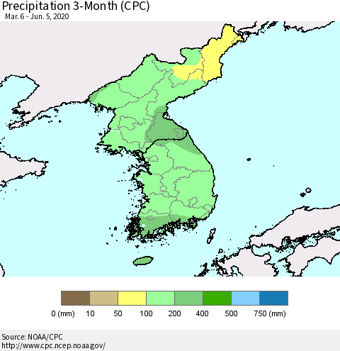 Korea Precipitation 3-Month (CPC) Thematic Map For 3/6/2020 - 6/5/2020