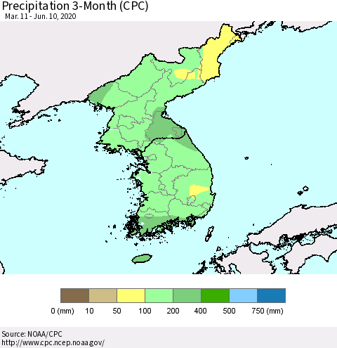 Korea Precipitation 3-Month (CPC) Thematic Map For 3/11/2020 - 6/10/2020