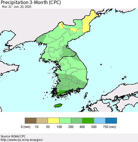 Korea Precipitation 3-Month (CPC) Thematic Map For 3/21/2020 - 6/20/2020
