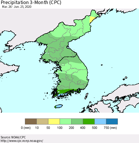 Korea Precipitation 3-Month (CPC) Thematic Map For 3/26/2020 - 6/25/2020
