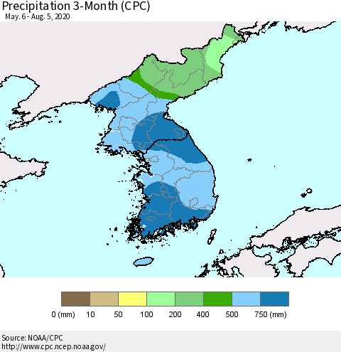 Korea Precipitation 3-Month (CPC) Thematic Map For 5/6/2020 - 8/5/2020