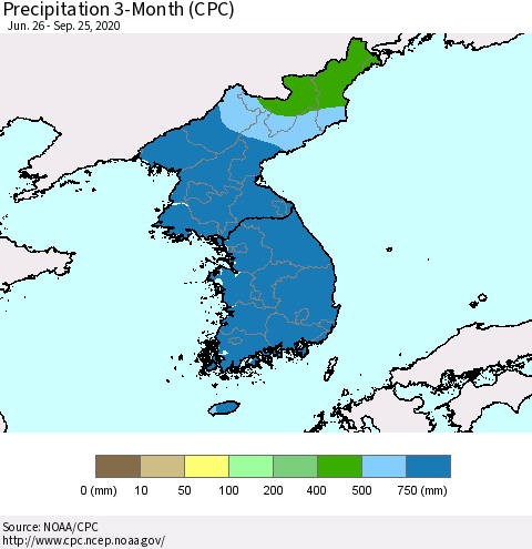 Korea Precipitation 3-Month (CPC) Thematic Map For 6/26/2020 - 9/25/2020