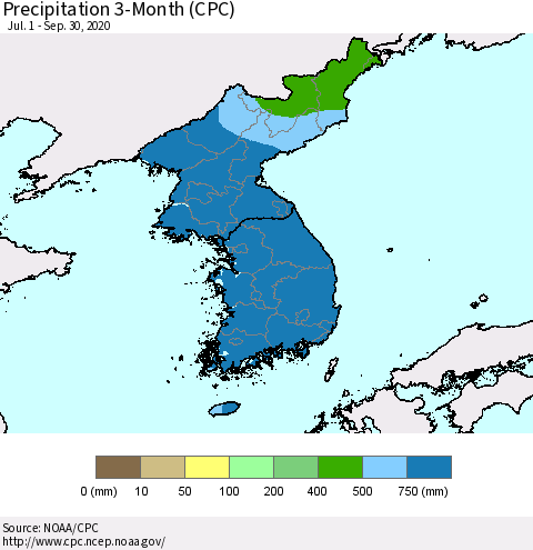 Korea Precipitation 3-Month (CPC) Thematic Map For 7/1/2020 - 9/30/2020