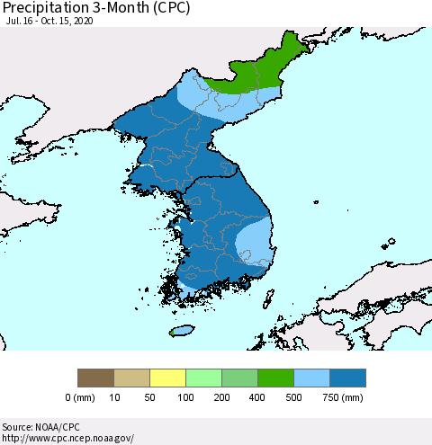 Korea Precipitation 3-Month (CPC) Thematic Map For 7/16/2020 - 10/15/2020