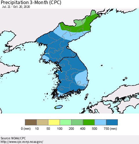 Korea Precipitation 3-Month (CPC) Thematic Map For 7/21/2020 - 10/20/2020