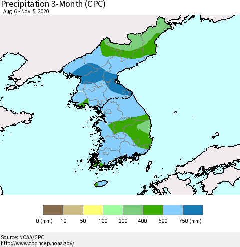 Korea Precipitation 3-Month (CPC) Thematic Map For 8/6/2020 - 11/5/2020