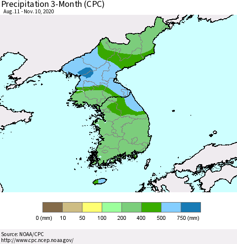 Korea Precipitation 3-Month (CPC) Thematic Map For 8/11/2020 - 11/10/2020