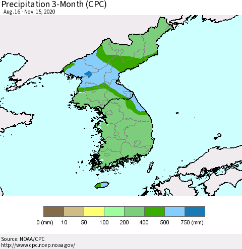 Korea Precipitation 3-Month (CPC) Thematic Map For 8/16/2020 - 11/15/2020