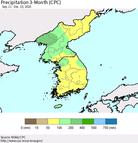Korea Precipitation 3-Month (CPC) Thematic Map For 9/11/2020 - 12/10/2020