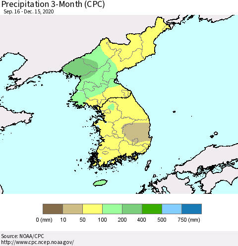 Korea Precipitation 3-Month (CPC) Thematic Map For 9/16/2020 - 12/15/2020