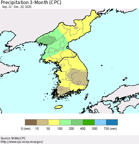 Korea Precipitation 3-Month (CPC) Thematic Map For 9/21/2020 - 12/20/2020