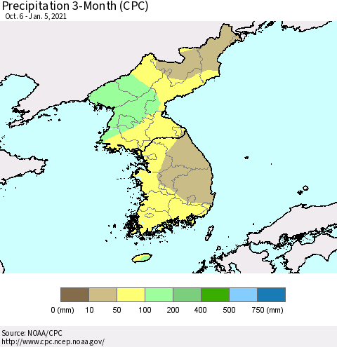 Korea Precipitation 3-Month (CPC) Thematic Map For 10/6/2020 - 1/5/2021