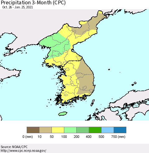 Korea Precipitation 3-Month (CPC) Thematic Map For 10/26/2020 - 1/25/2021