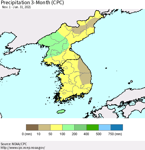 Korea Precipitation 3-Month (CPC) Thematic Map For 11/1/2020 - 1/31/2021