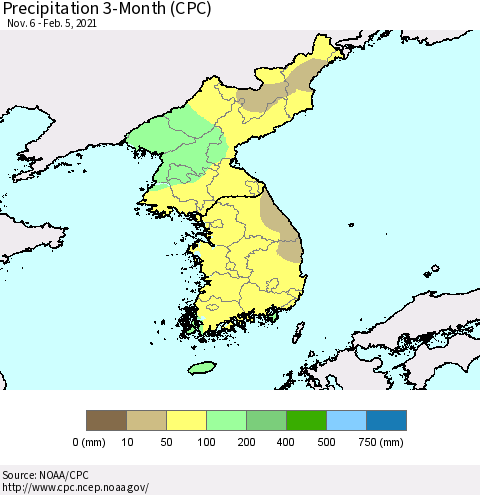Korea Precipitation 3-Month (CPC) Thematic Map For 11/6/2020 - 2/5/2021