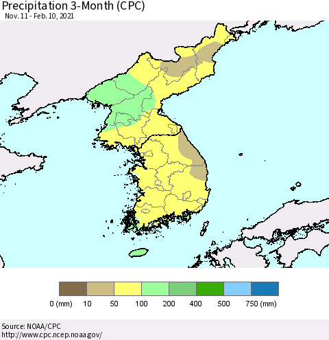 Korea Precipitation 3-Month (CPC) Thematic Map For 11/11/2020 - 2/10/2021