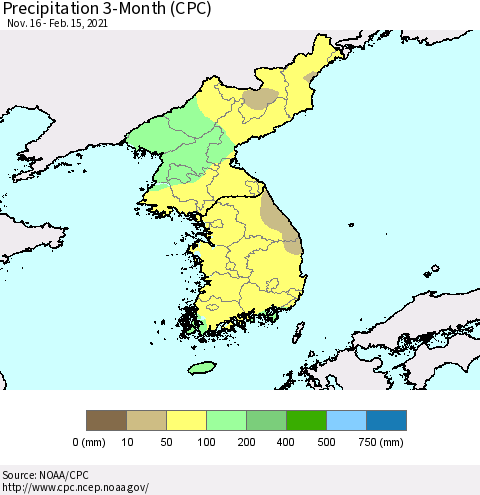 Korea Precipitation 3-Month (CPC) Thematic Map For 11/16/2020 - 2/15/2021