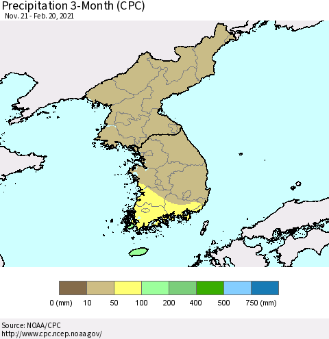 Korea Precipitation 3-Month (CPC) Thematic Map For 11/21/2020 - 2/20/2021