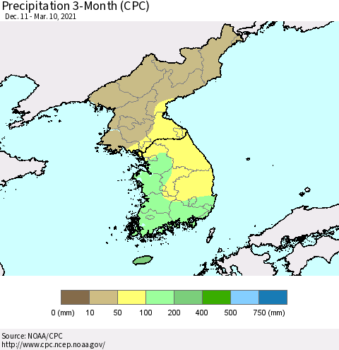 Korea Precipitation 3-Month (CPC) Thematic Map For 12/11/2020 - 3/10/2021
