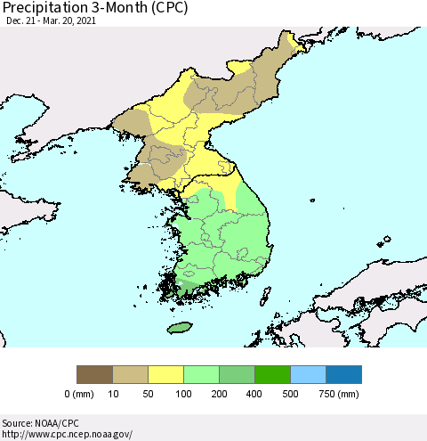 Korea Precipitation 3-Month (CPC) Thematic Map For 12/21/2020 - 3/20/2021