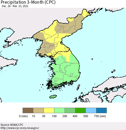 Korea Precipitation 3-Month (CPC) Thematic Map For 12/26/2020 - 3/25/2021