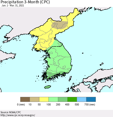 Korea Precipitation 3-Month (CPC) Thematic Map For 1/1/2021 - 3/31/2021