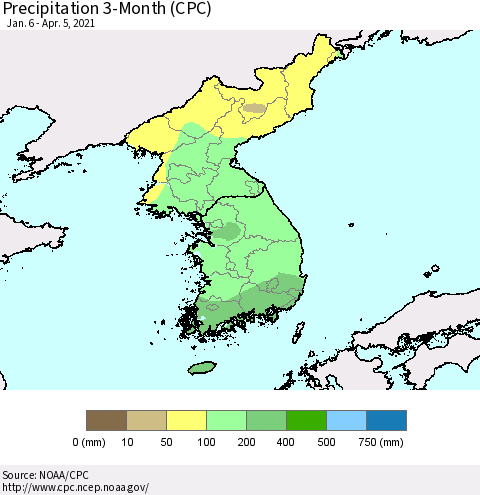 Korea Precipitation 3-Month (CPC) Thematic Map For 1/6/2021 - 4/5/2021