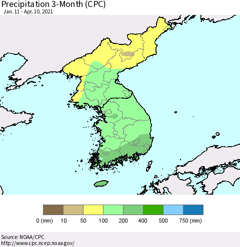 Korea Precipitation 3-Month (CPC) Thematic Map For 1/11/2021 - 4/10/2021