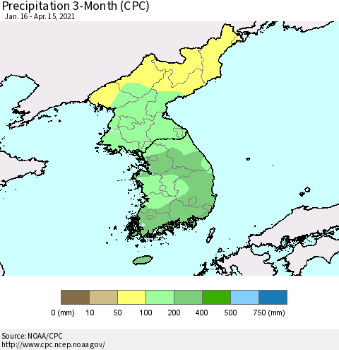 Korea Precipitation 3-Month (CPC) Thematic Map For 1/16/2021 - 4/15/2021