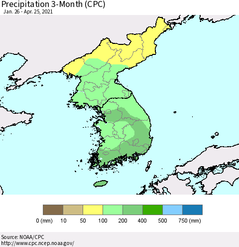 Korea Precipitation 3-Month (CPC) Thematic Map For 1/26/2021 - 4/25/2021