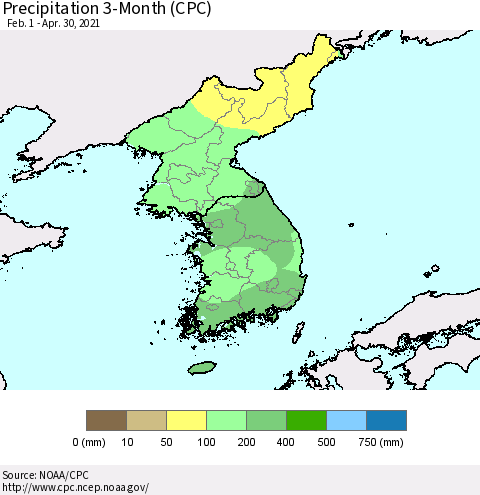 Korea Precipitation 3-Month (CPC) Thematic Map For 2/1/2021 - 4/30/2021