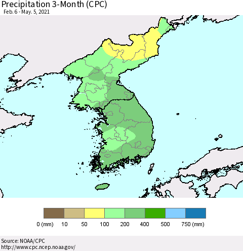 Korea Precipitation 3-Month (CPC) Thematic Map For 2/6/2021 - 5/5/2021