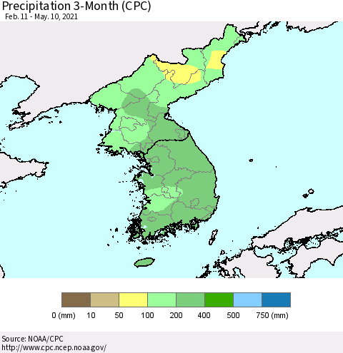 Korea Precipitation 3-Month (CPC) Thematic Map For 2/11/2021 - 5/10/2021